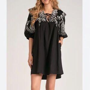 Elan Southwestern Puff Sleeve Black Dress with White Embroidery Cotton L